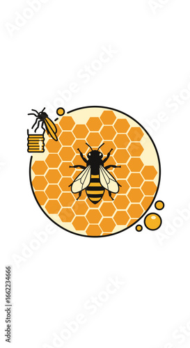 Illustrative honeycomb with bees working and producing natural sweetener