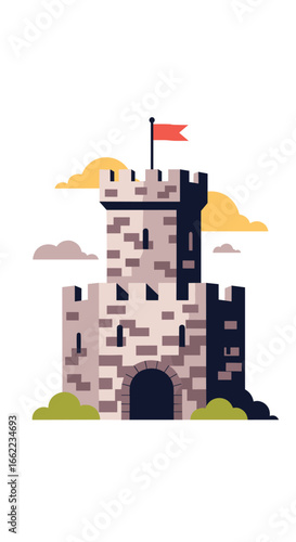 Historic medieval fortress tower with red flag flying high above the battlements