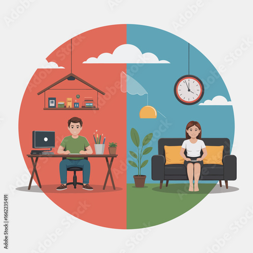 Concept illustration of work life balance with integrated elements