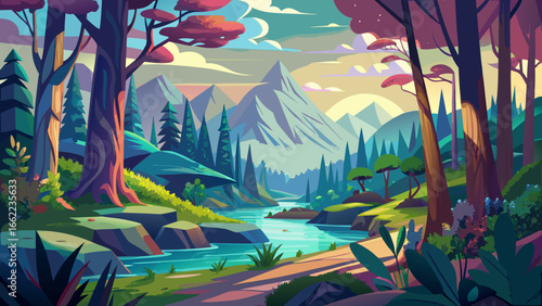 Artistic concept illustration of a panoramic forest landscape, background illustration.