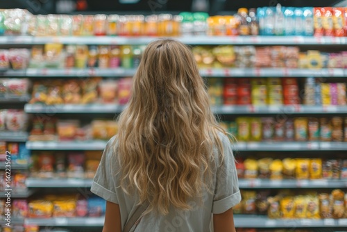 Wallpaper Mural Shopping experience: A woman comparing supermarket items. Torontodigital.ca