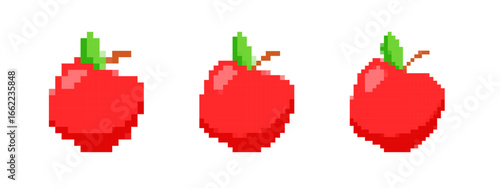 Three pixelated red apples display green leaves and brown stems, capturing retro 8 bit charm.