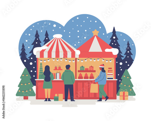 Charming flat vector illustration of a bustling christmas market scene