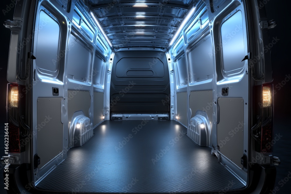 Obraz premium The open doors of a white van showcase its cargo area.