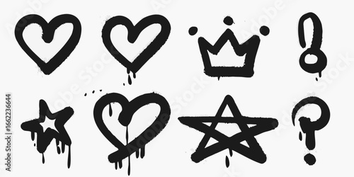 Graffiti Style Black Ink Drips Hearts Crown Star and Punctuation