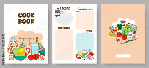 set of recipe book  template covers, pages, vertical food vector illustration