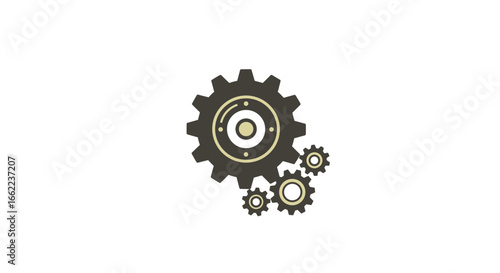 Minimalist gear icons in motion on white background