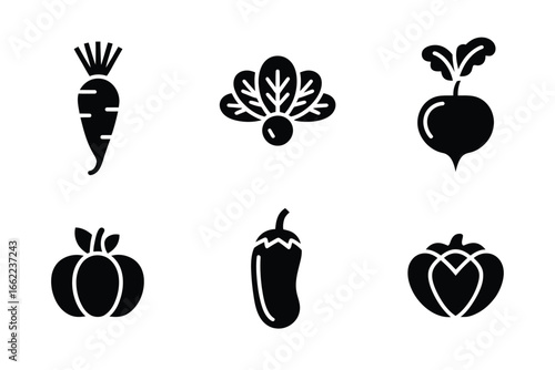 Collection of six stylized black and white vegetable icons on a white background