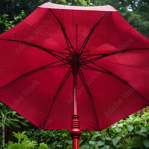 red umbrella with water droplets, rainy day, dark background, moody atmosphere, vibrant colors, detailed textures, dramatic lighting, high contrast, photorealistic, 4k resolution
