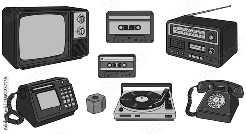 Retro electronics collection: vintage devices and classic gadgets in black and white style