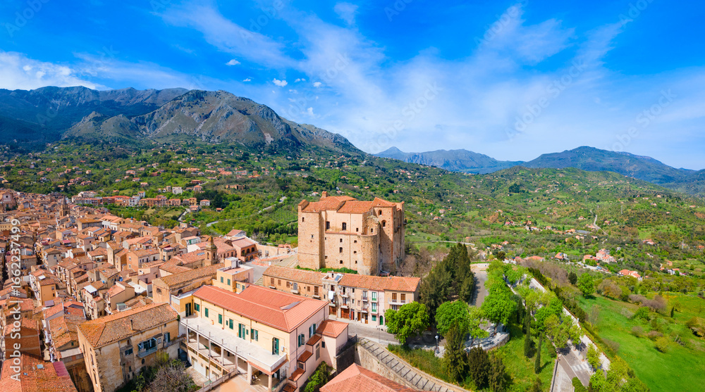 Obraz premium Castelbuono castle aerial panoramic view in Sicily, Italy.