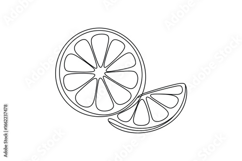 Simple line art drawing of a citrus fruit slice and wedge