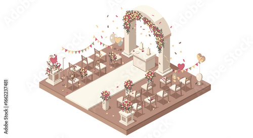 Isometric outdoor wedding ceremony scene with floral decorations and aisle