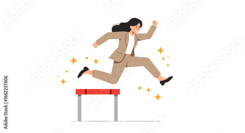 Businesswoman leaping over challenges in a suit with a motivated expression