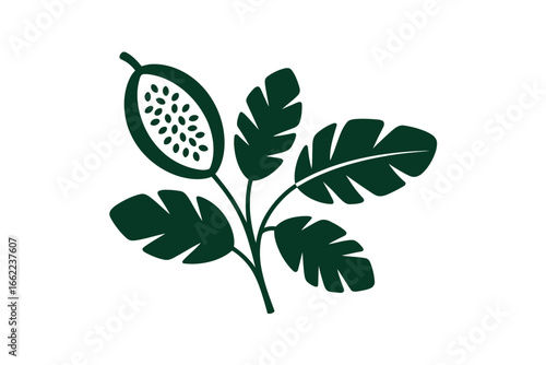 Stylized illustration of a papaya fruit on a branch with leaves