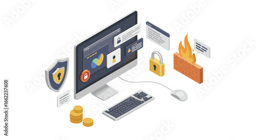 Cybersecurity isometric design with computer and security icons highlighting digital protection