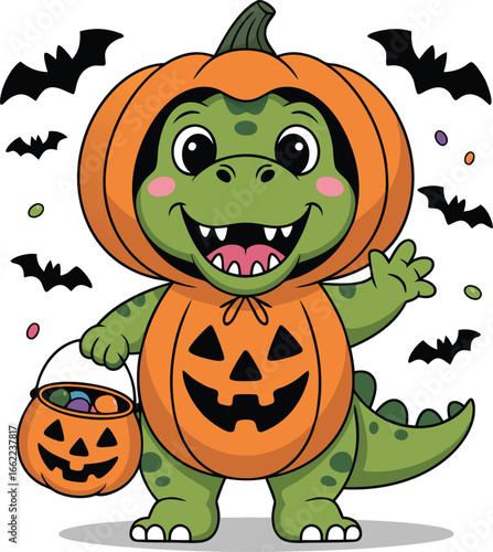 Cute dinosaur dressed as a pumpkin for halloween trick or treating