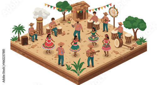 Isometric festa junina celebration with dancers and musicians