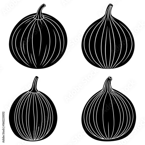 Four black and white figs in a stylized illustration with distinct vertical line details on each fig fruit