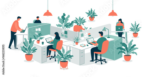 Modern office workspace with coworking professionals and green plants in a minimalist setting
