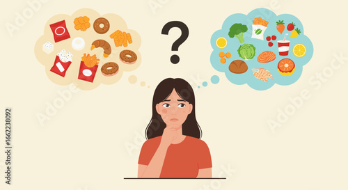 Woman choosing between junk food and healthy options