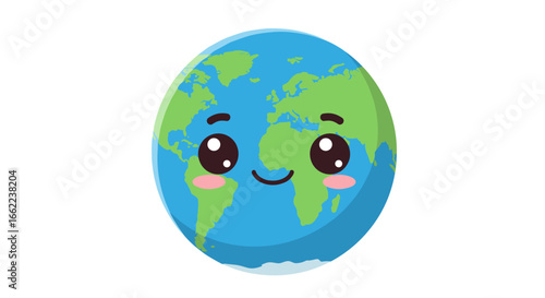 Cute kawaii earth with a smiling face and blushing cheeks on a white background