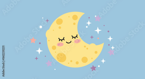 Cute sleeping moon with stars on blue background for kids
