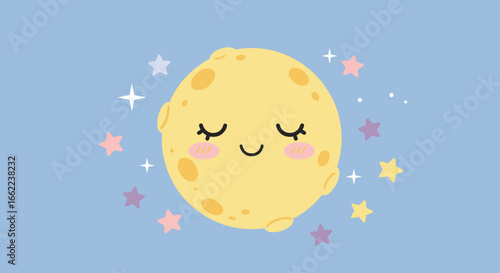 Cute cartoon moon with colorful stars on blue background
