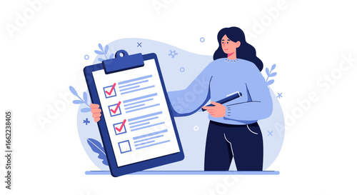 Woman reviewing checklist with clipboard in hand in modern flat style