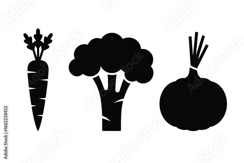 Black silhouette icons of carrot broccoli and onion on white background