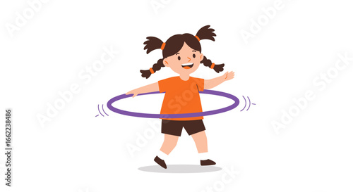 Happy child playing with hula hoop in colorful cartoon style