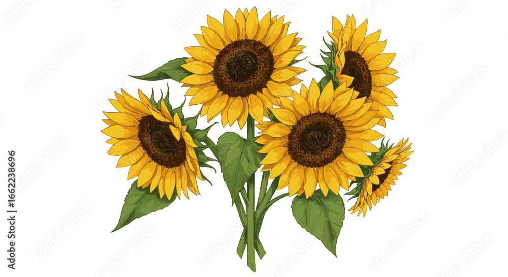 Obraz premium Vibrant sunflowers with lush green leaves on white background