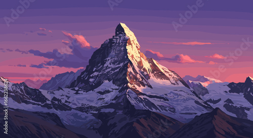 Majestic mountain peak at sunset with snowy caps and dramatic sky