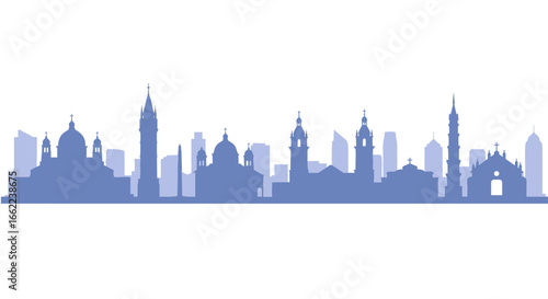 Silhouette of european city skyline featuring historic landmarks