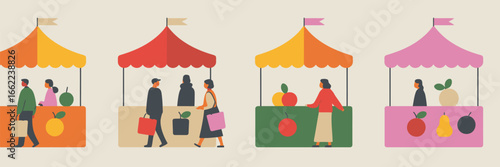 Illustration of people shopping at colorful fruit market stalls with different vendors and customers present