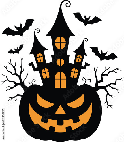 Spooky Halloween haunted house on pumpkin with bats and bare trees vector illustration