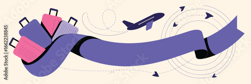 Illustration of suitcases and an airplane with a purple banner and circular flight paths design