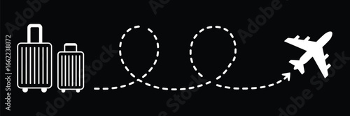 Two suitcases with dotted line leading to an airplane on a black background in a simple illustration