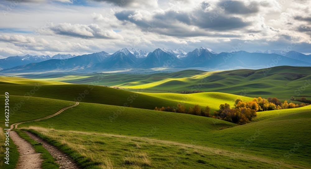 Fototapeta premium Rolling green hills and snowcapped mountains under a cloudy sky