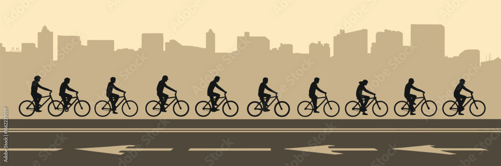 Naklejka premium A silhouette of cyclists riding bikes on a road with city buildings in the background in sepia tones art