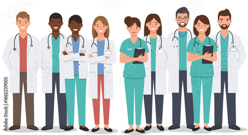 Diverse healthcare team in medical attire with doctors and nurses