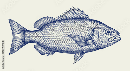 Intricate vintage engraving of fish with detailed line art on neutral background