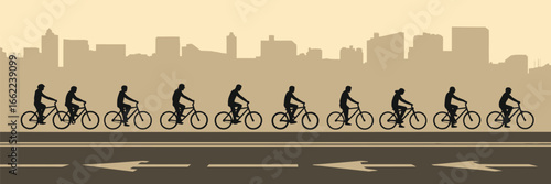 A silhouette of cyclists riding bikes on a road with city buildings in the background in sepia tones art
