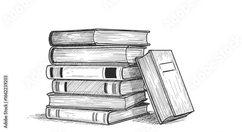 Stack of vintage books in detailed hand drawn style