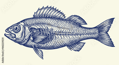 Detailed engraved fish design in vintage nautical style
