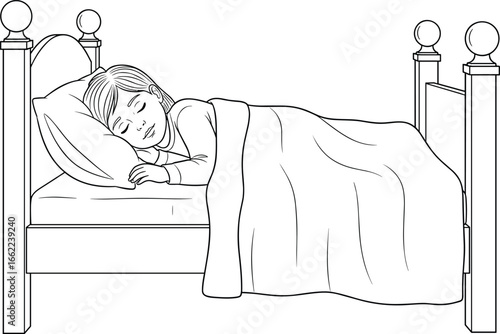 Black and White Vector Illustration of Child Sleeping Peacefully in Bed with Pillow, Blanket, Headboard, Footboard, and Calm Resting Pose