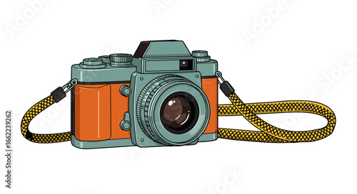 Retro style camera with strap on white background