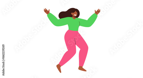 Joyful woman dancing in flat style with vibrant colors