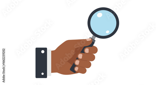 Hand holding magnifying glass icon in flat design on white background