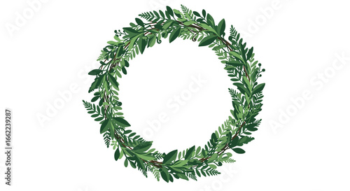 Elegant green foliage wreath on white background for seasonal decor